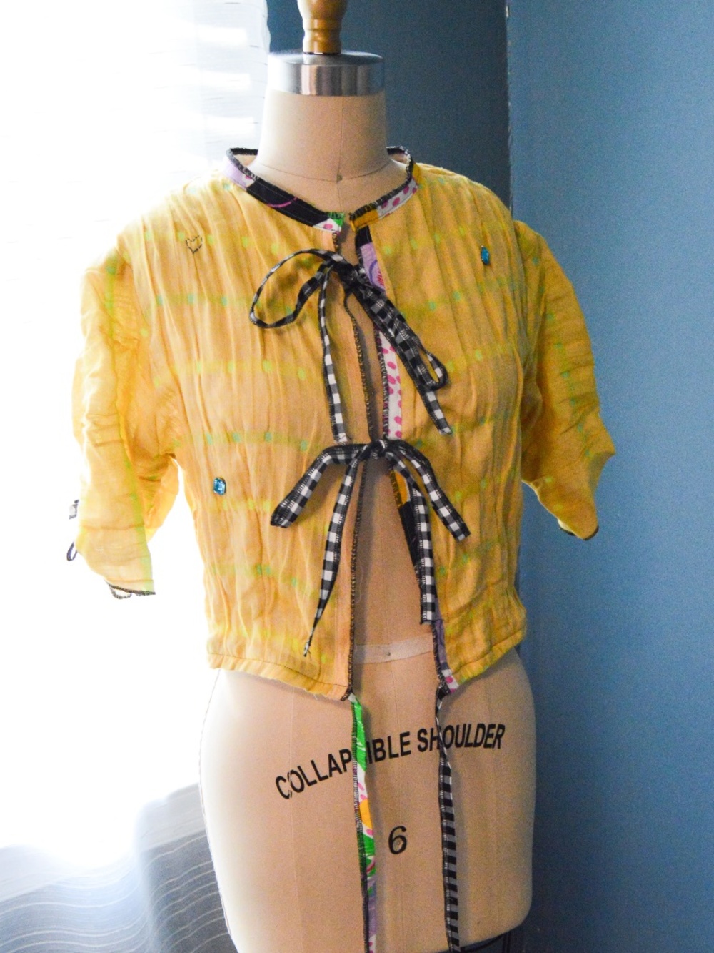 Handmade One of One, Yellow Short Sleeve Cadigan w Gingham, Bows & Hearts
